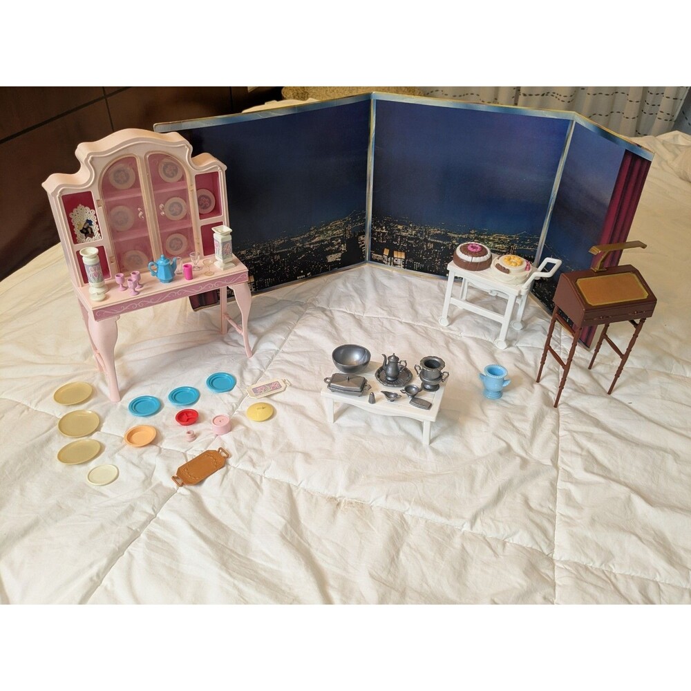 Vintage Mattel Barbie Sweet Roses Dining Room Hutch Buffet with Some Accessories